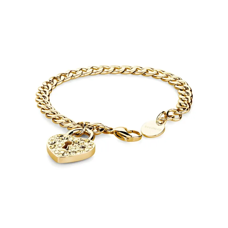 Gold chain bracelet featuring a heart-shaped lock charm adorned with sparkling stones. Elegant and stylish accessory.